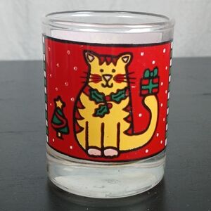 Vtg Anchor Hocking Red Holiday Christmas Cat Shot Glass Tea Light Candle Holder